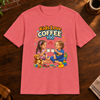 Kids Love Coffee Too T-Shirt Coral Silk close-fill short-sleeve coffee-bar flat lay