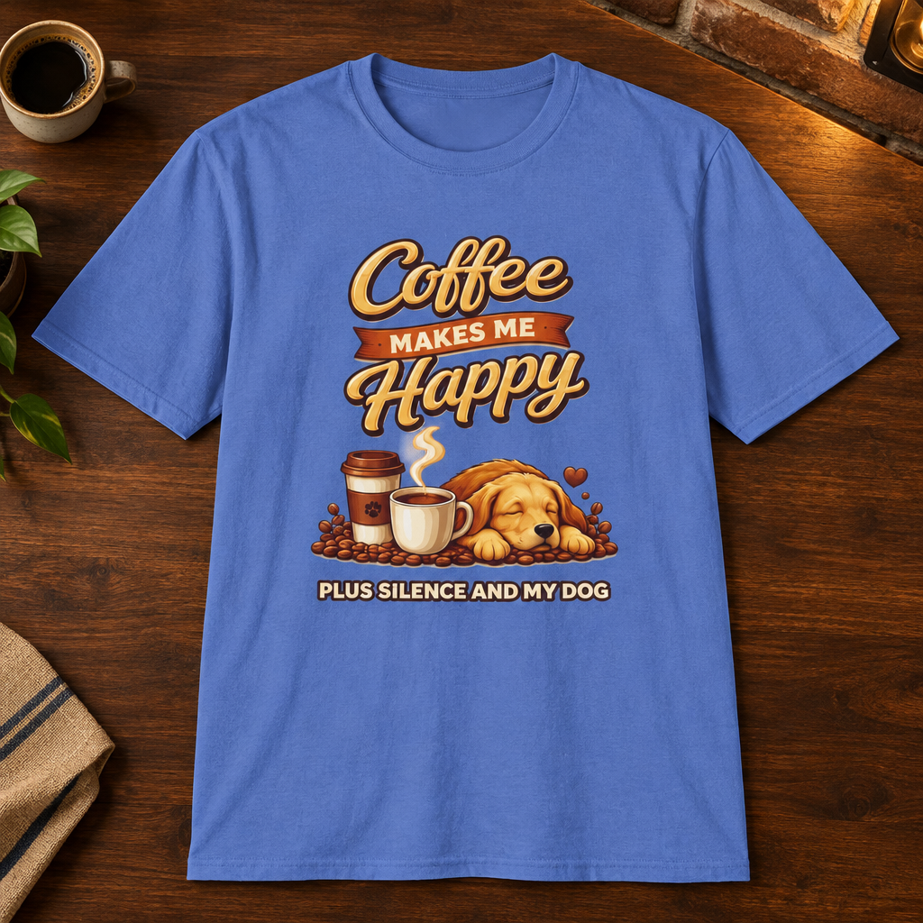 Coffee Makes Me Happy T-Shirt Iris close-fill short-sleeve coffee-bar flat lay