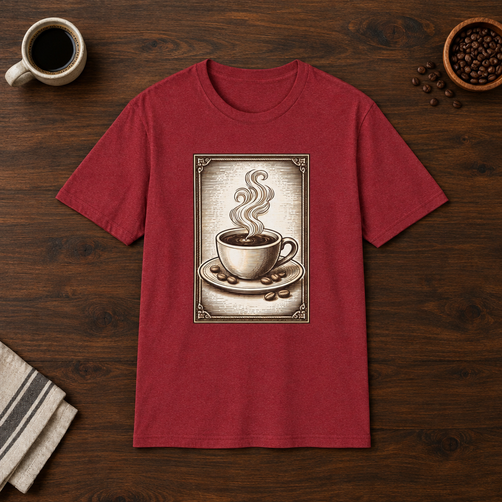Coffee Woodcut T-Shirt Antique Cherry Red short-sleeve coffee-bar flat lay