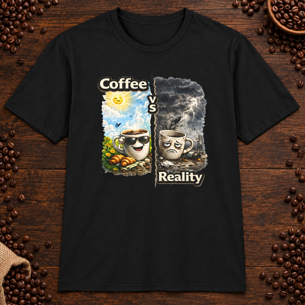 Coffee vs Reality T-Shirt in Heather Navy, zoomed lifestyle mockup