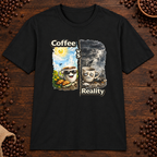 Coffee vs Reality T-Shirt in Heather Navy, zoomed lifestyle mockup