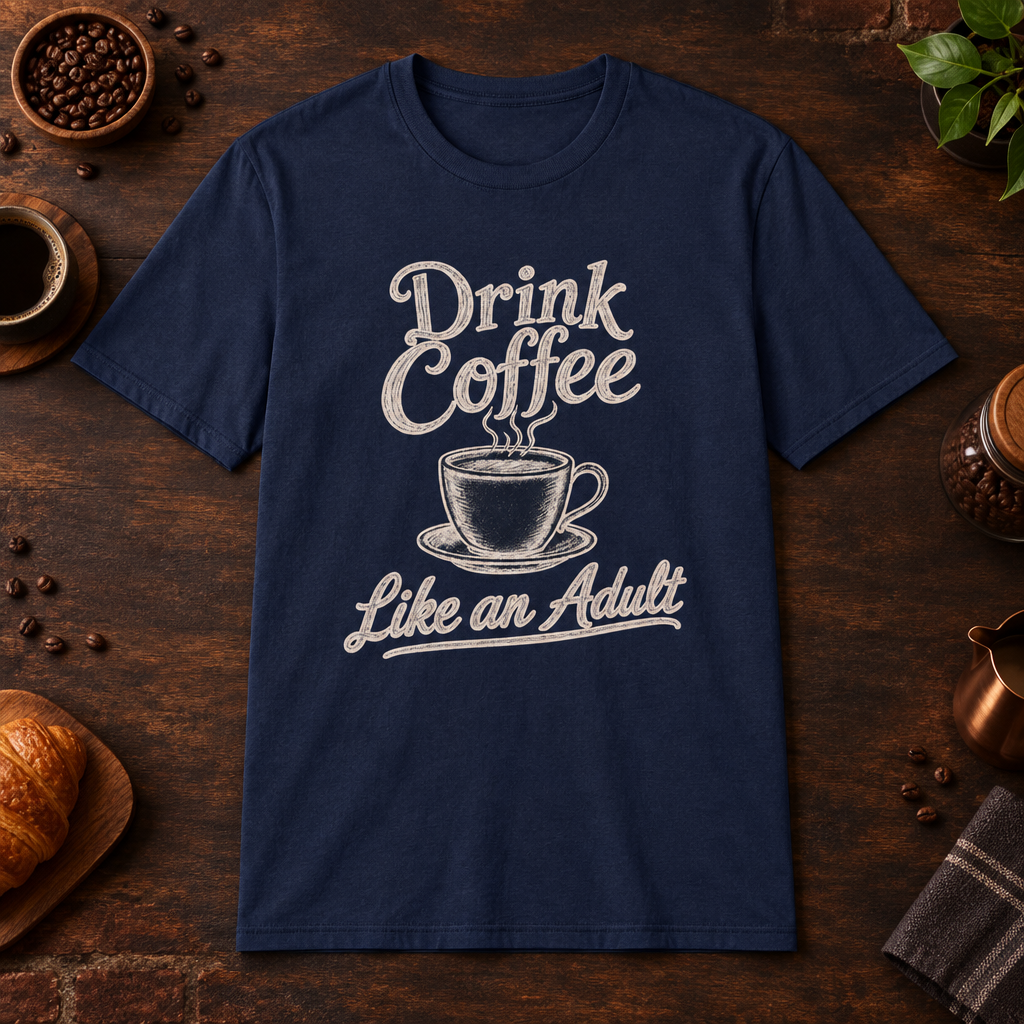 Drink Coffee Like an Adult T-Shirt in Navy, coffee bar flat lay mockup