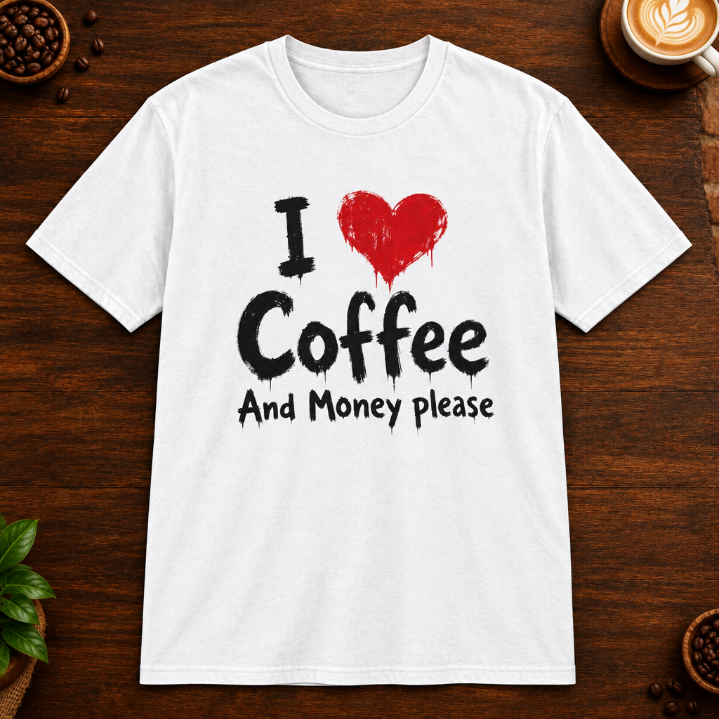 I Love Coffee T-Shirt in White on a dark wood coffee bar
