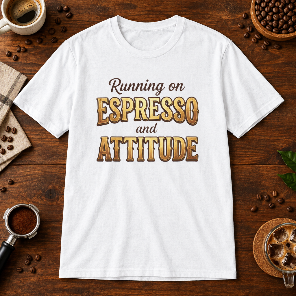 Running of Espresso and Attitude T-Shirt White coffee-bar flat lay