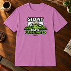 Silent Until Caffeinated T-Shirt Heather Radiant Orchid close-fill short-sleeve coffee-bar flat lay