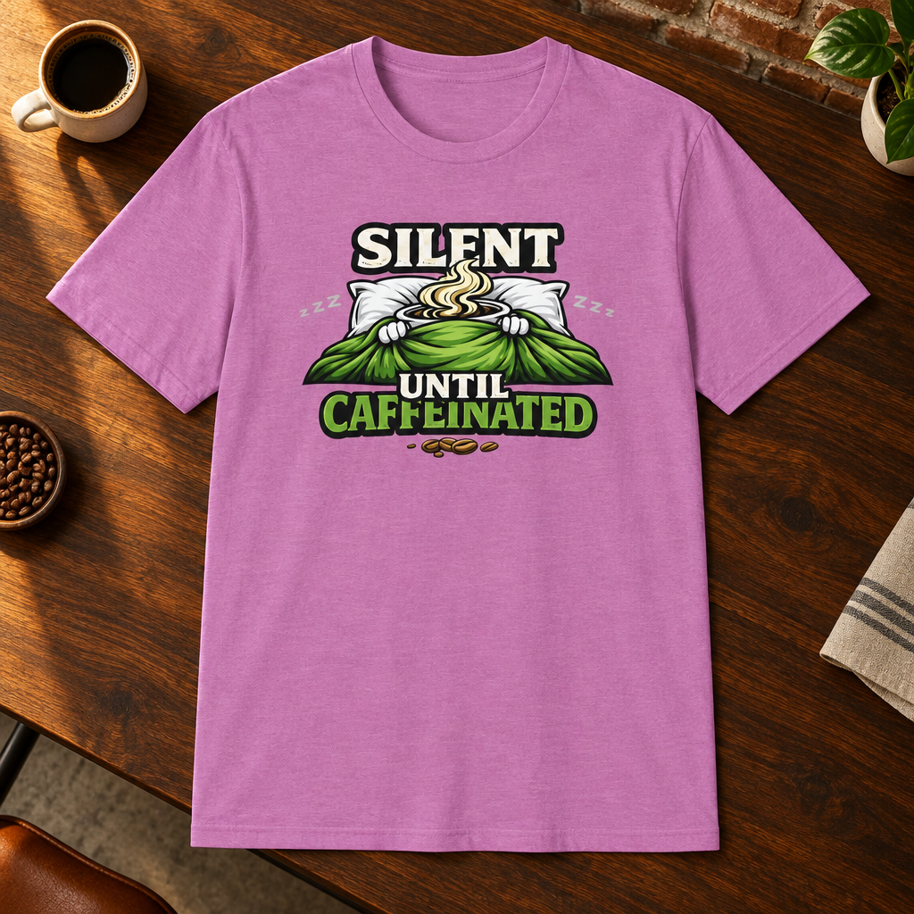 Silent Until Caffeinated T-Shirt Heather Radiant Orchid close-fill short-sleeve coffee-bar flat lay