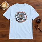 Morning Powered by Coffee T-Shirt Light Blue coffee bar mockup