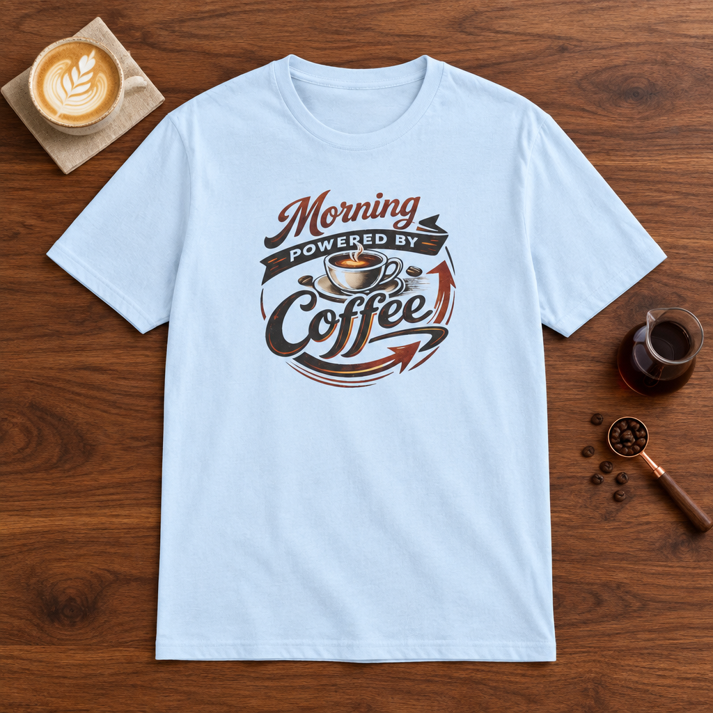 Morning Powered by Coffee T-Shirt Light Blue coffee bar mockup