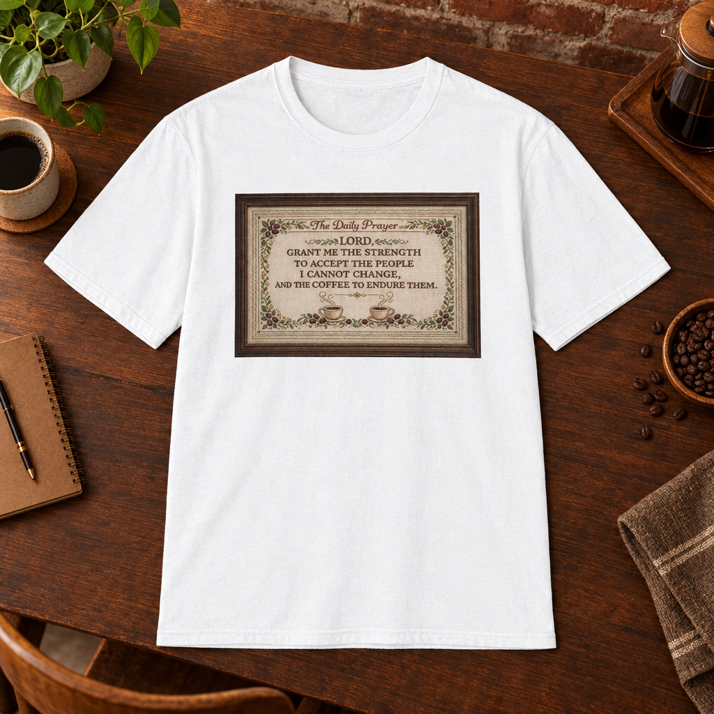 Daily Prayer T-Shirt White close-fill short-sleeve coffee-bar flat lay