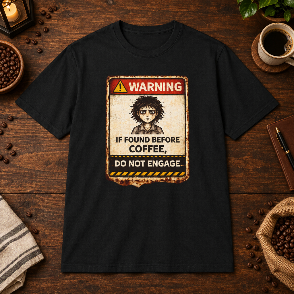 Warning T-Shirt Black short-sleeve coffee-bar flat lay