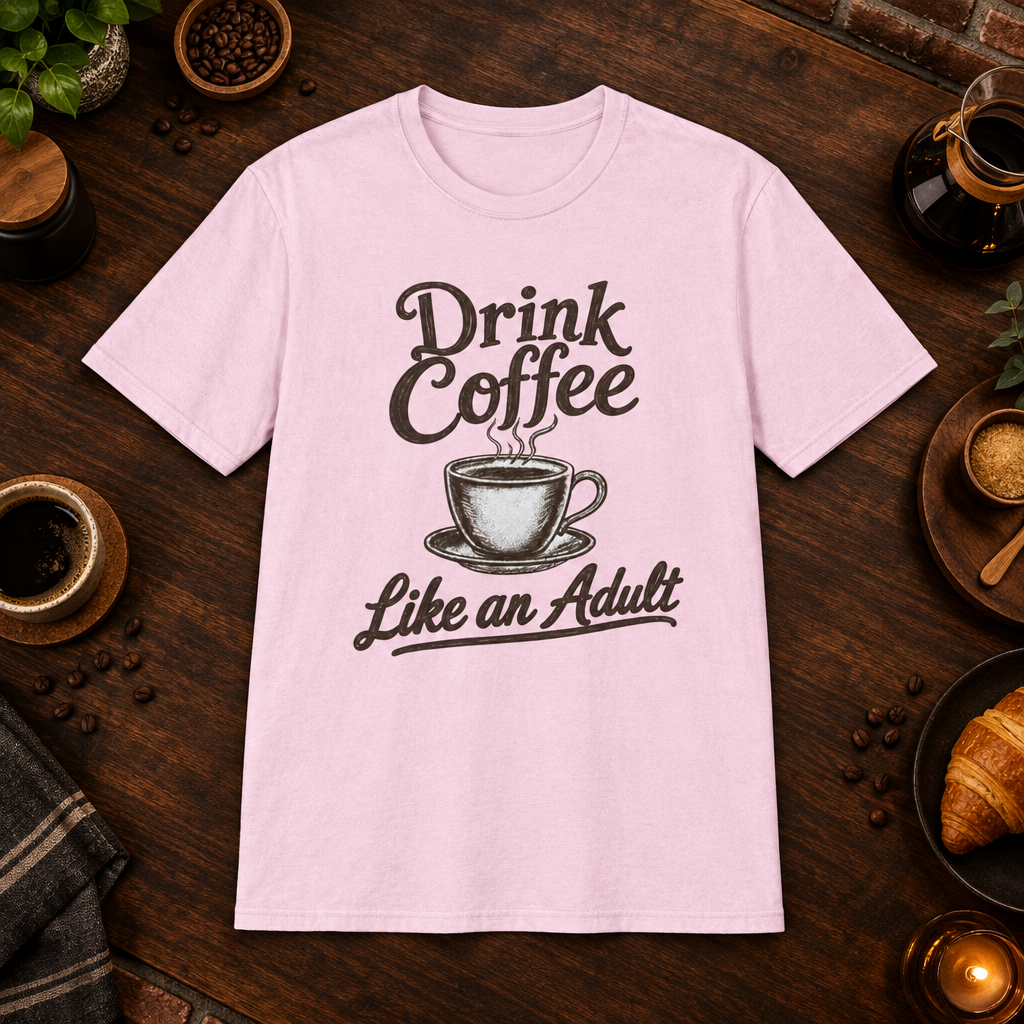 Drink Coffee Like an Adult T-Shirt in Light Pink, coffee bar flat lay mockup
