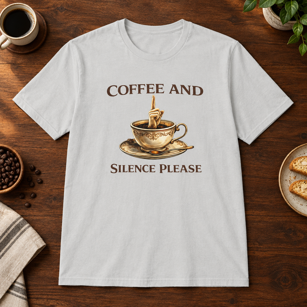 Coffee and Silence Please T-Shirt Ice Grey coffee-bar flat lay