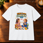 Kids Love Coffee Too T-Shirt White close-fill short-sleeve coffee-bar flat lay