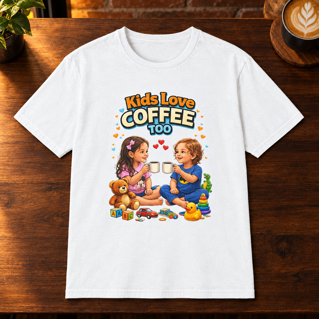Kids Love Coffee Too T-Shirt White close-fill short-sleeve coffee-bar flat lay