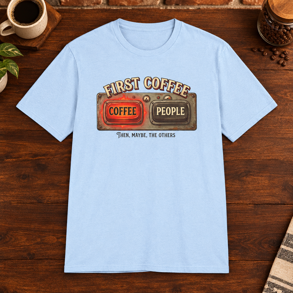 First Coffee Then T-Shirt Light Blue preferred-size coffee-bar flat lay