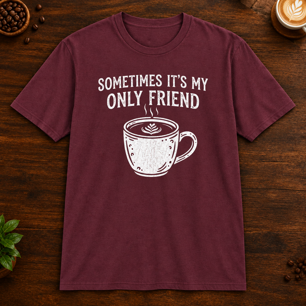 Sometimes It's My Only Friend T-Shirt in Maroon on a dark wood coffee bar