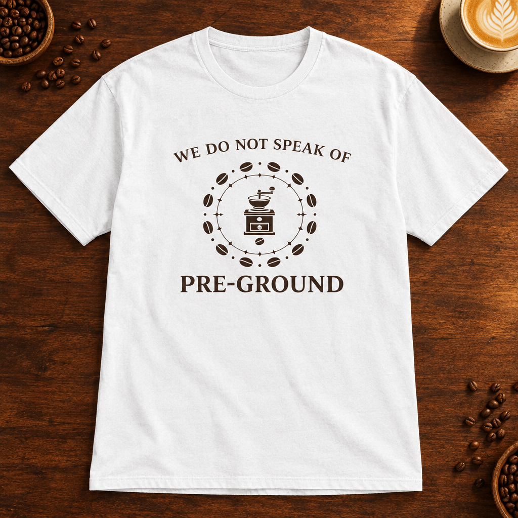Pre-Ground T-Shirt in White on a dark wood coffee bar