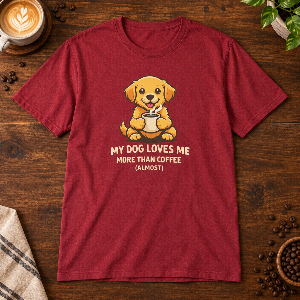 My Dog Loves Me T-Shirt Antique Cherry Red on coffee bar