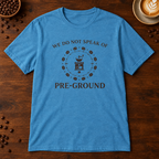 Pre-Ground T-Shirt in Heather Sapphire on a dark wood coffee bar