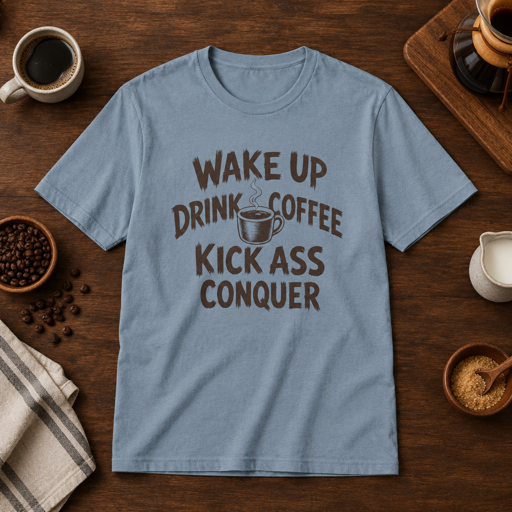 Wake Up T-Shirt Stone Blue coffee-bar flat lay