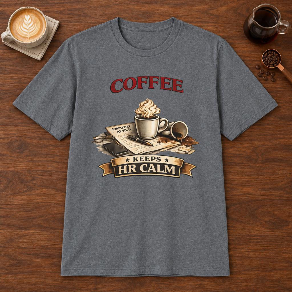 Coffee Keeps HR Calm T-Shirt Graphite Heather coffee bar mockup