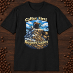 Coffee First Regret Later T-Shirt in Navy, zoomed lifestyle mockup