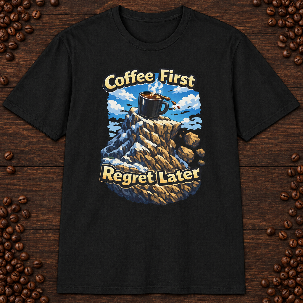Coffee First Regret Later T-Shirt in Navy, zoomed lifestyle mockup