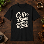 Coffee Loves You, Babe T-Shirt in Black, coffee bar flat lay mockup