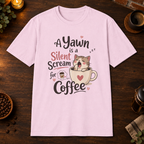 A Kitten’s Yawn T-Shirt in Light Pink, overhead coffee-bar flat-lay mockup