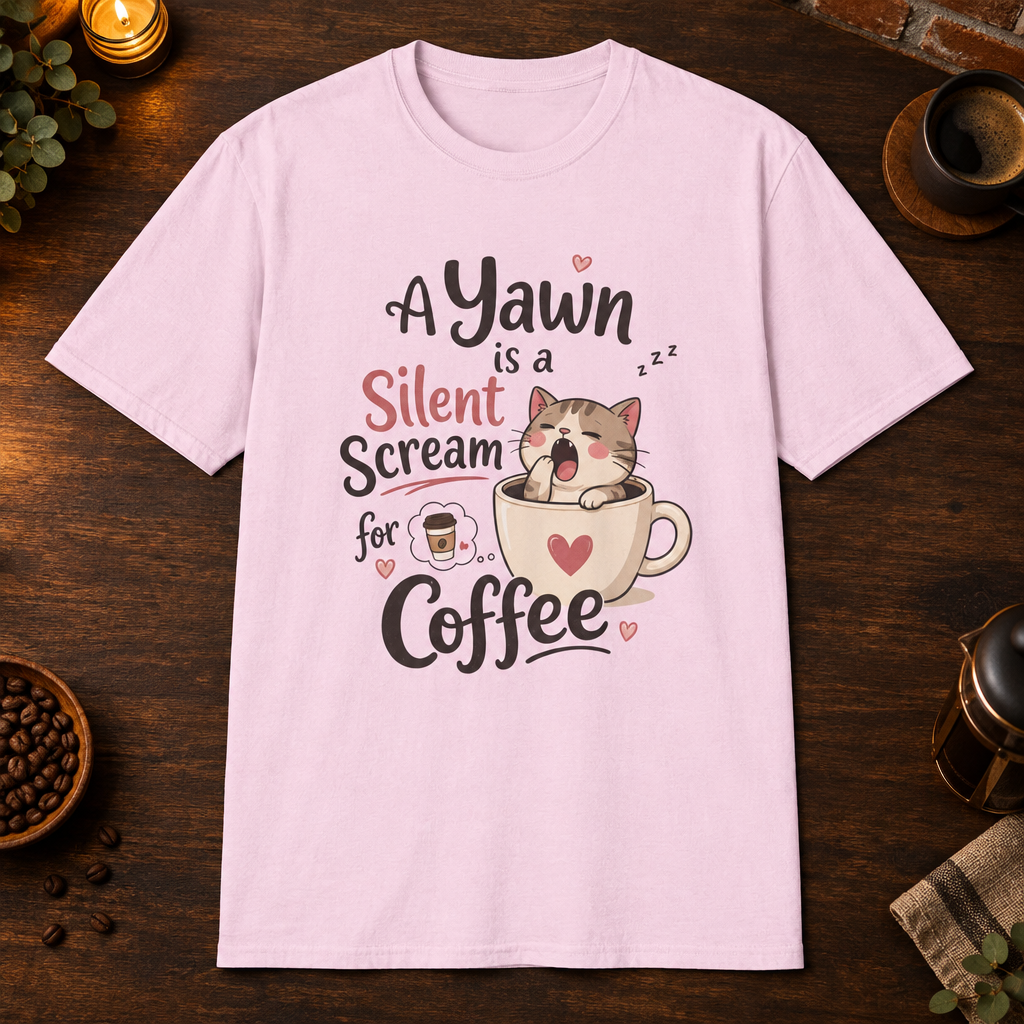 A Kitten’s Yawn T-Shirt in Light Pink, overhead coffee-bar flat-lay mockup