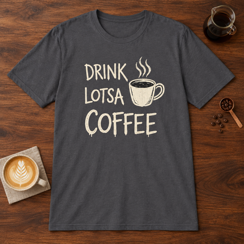 Drink Lotsa Coffee-Dark T-Shirt Charcoal coffee bar mockup