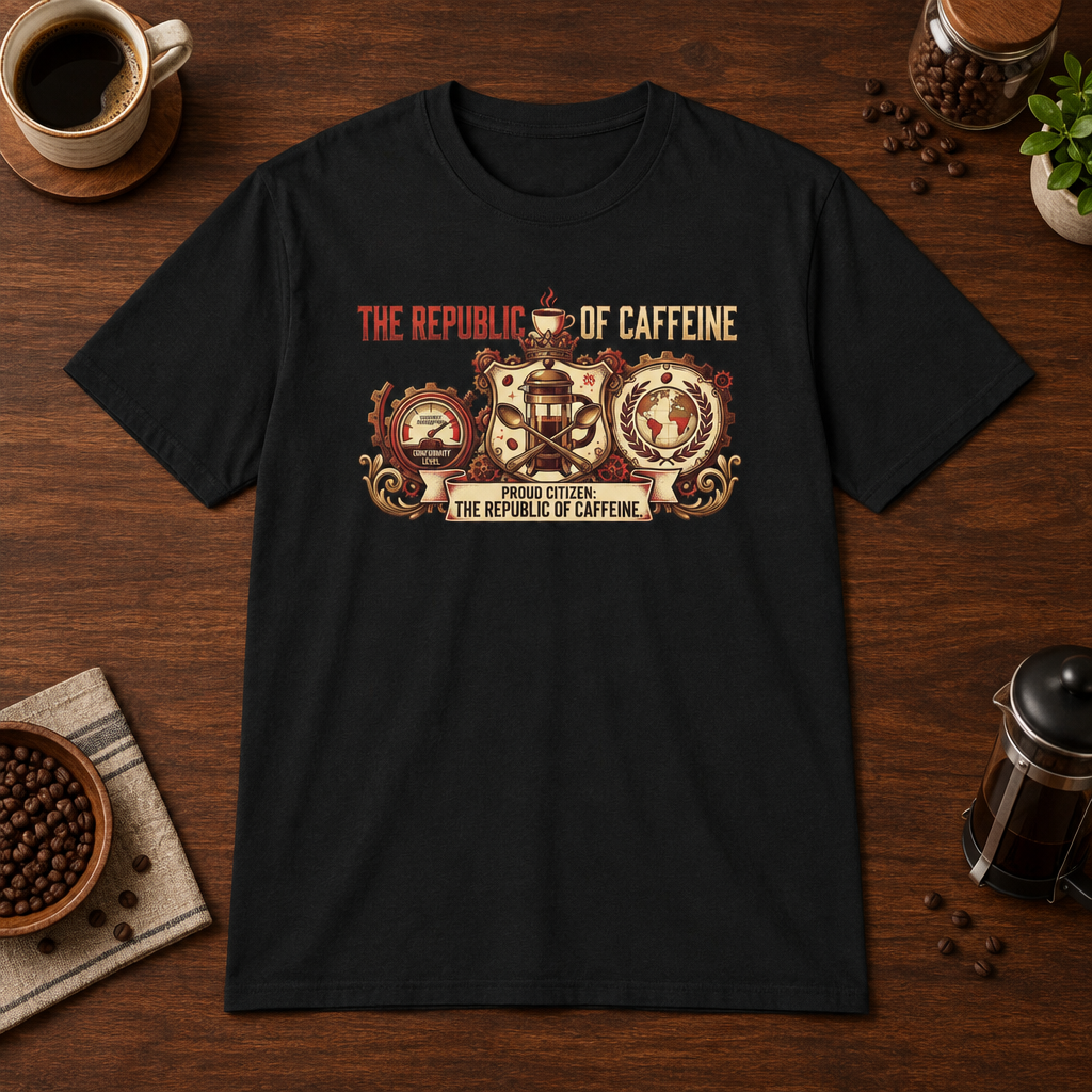 Republic of Caffeine T-Shirt Black short-sleeve coffee-bar flat lay