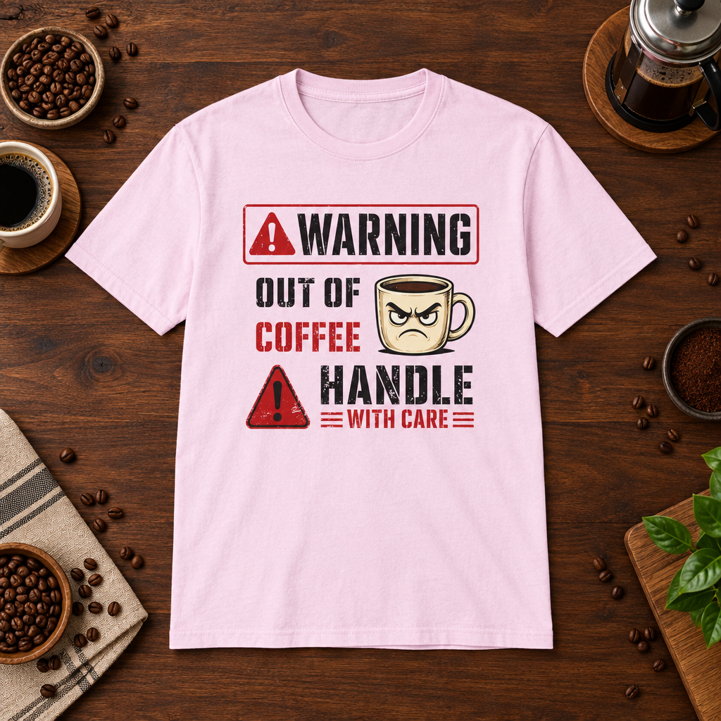 Warning Out of Coffee T-Shirt Light Pink short-sleeve coffee-bar flat lay