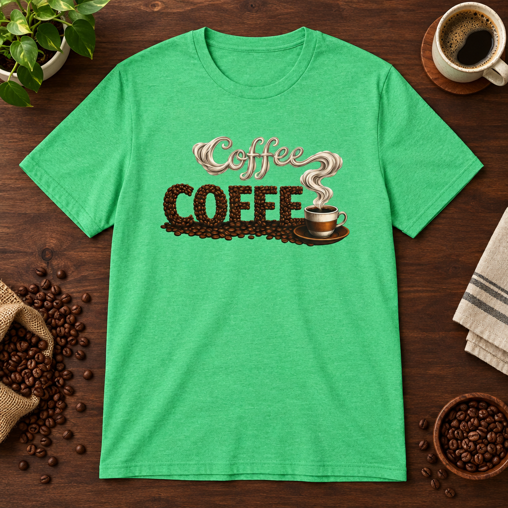 Coffee T-Shirt Heather Irish Green coffee-bar flat lay