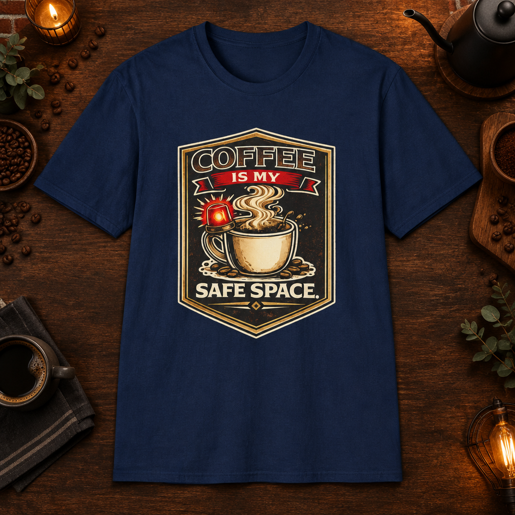 Coffee is My Safe Space T-Shirt in Navy, zoomed lifestyle mockup