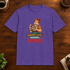 Barista Level T-Shirt in Heather Purple, overhead coffee-bar flat-lay mockup
