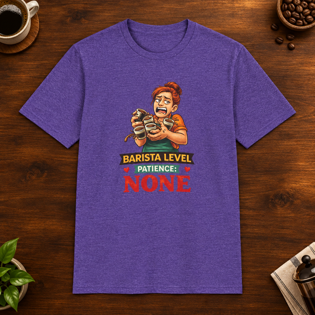Barista Level T-Shirt in Heather Purple, overhead coffee-bar flat-lay mockup