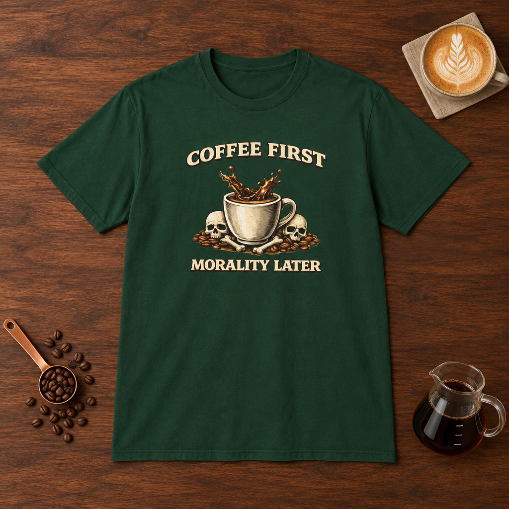 Coffee First Morality Later T-Shirt Forest Green flat lay on walnut coffee bar