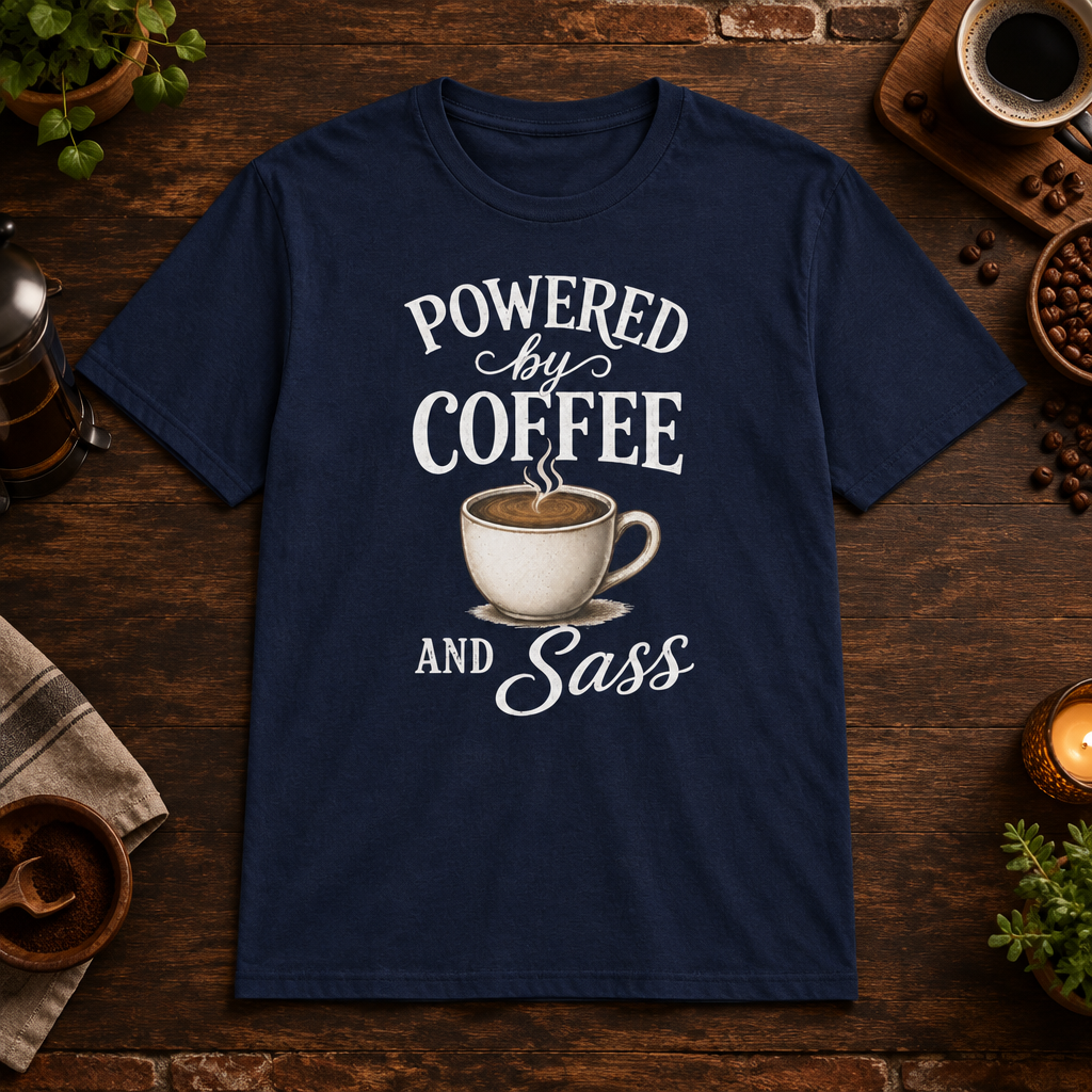 Powered by Coffee T-Shirt in Navy, coffee bar flat lay mockup