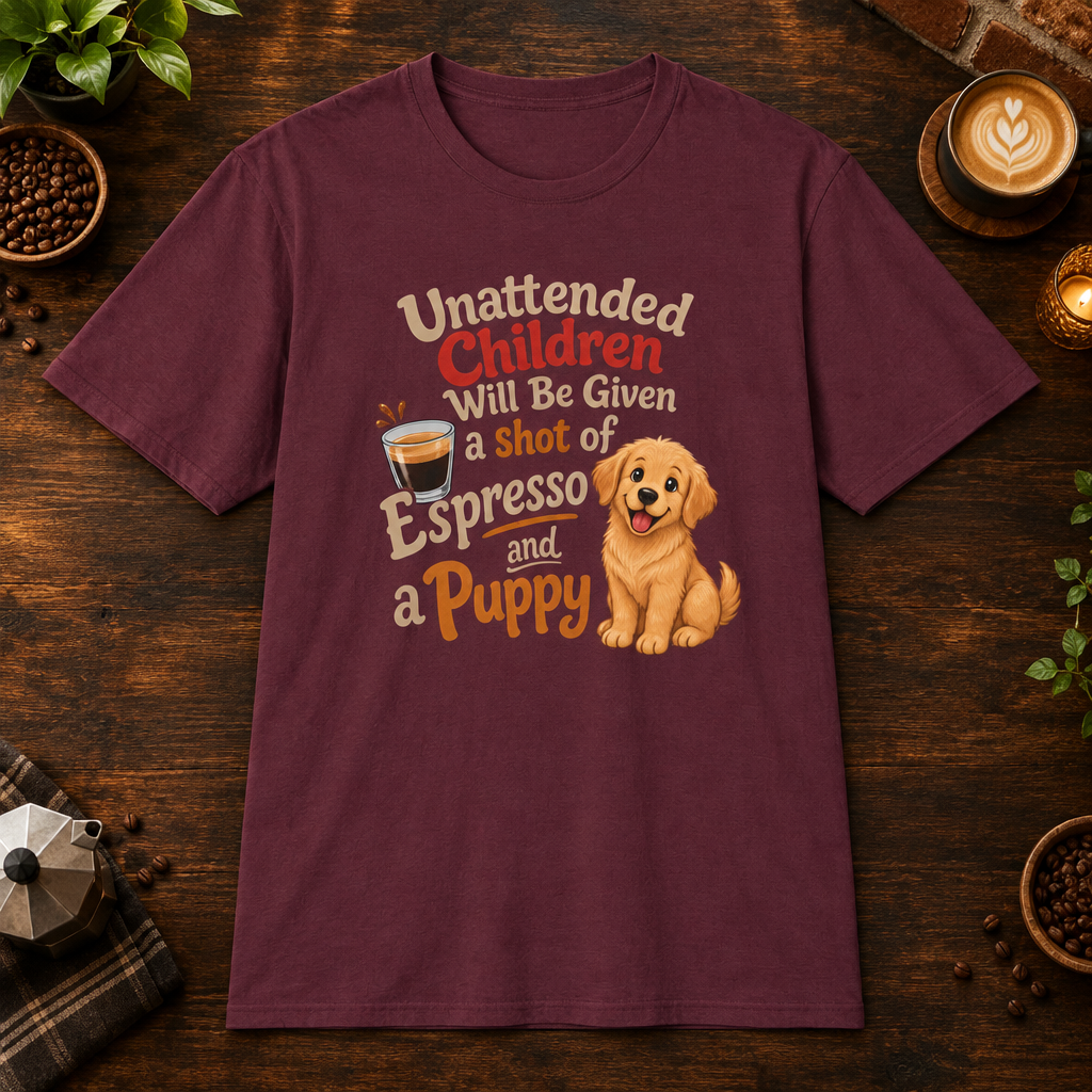 Espresso and a Puppy T-Shirt in Maroon, overhead coffee-bar flat-lay mockup