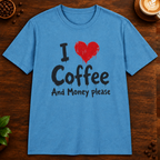 I Love Coffee T-Shirt in Heather Sapphire on a dark wood coffee bar