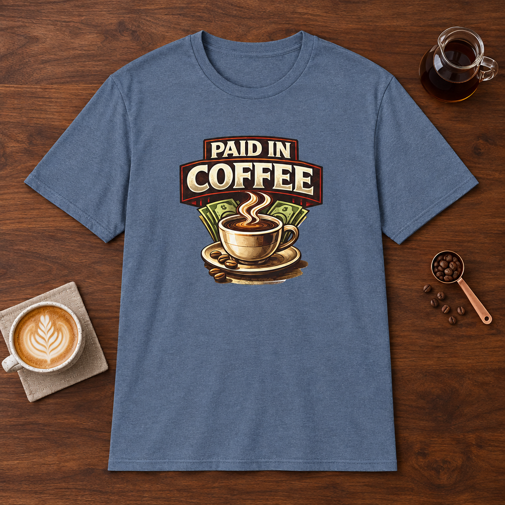 Paid in Coffee T-Shirt Heather Indigo coffee bar mockup