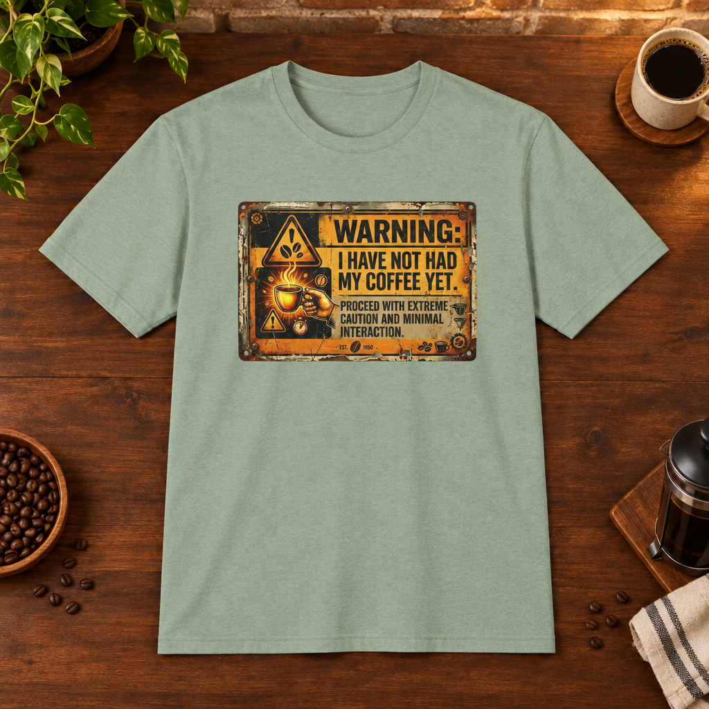Warning Sign T-Shirt Sage coffee-bar flat lay, Sport Grey-matched framing