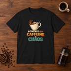 Powered by Caffeine and Chaos T-Shirt Black coffee-bar flat lay