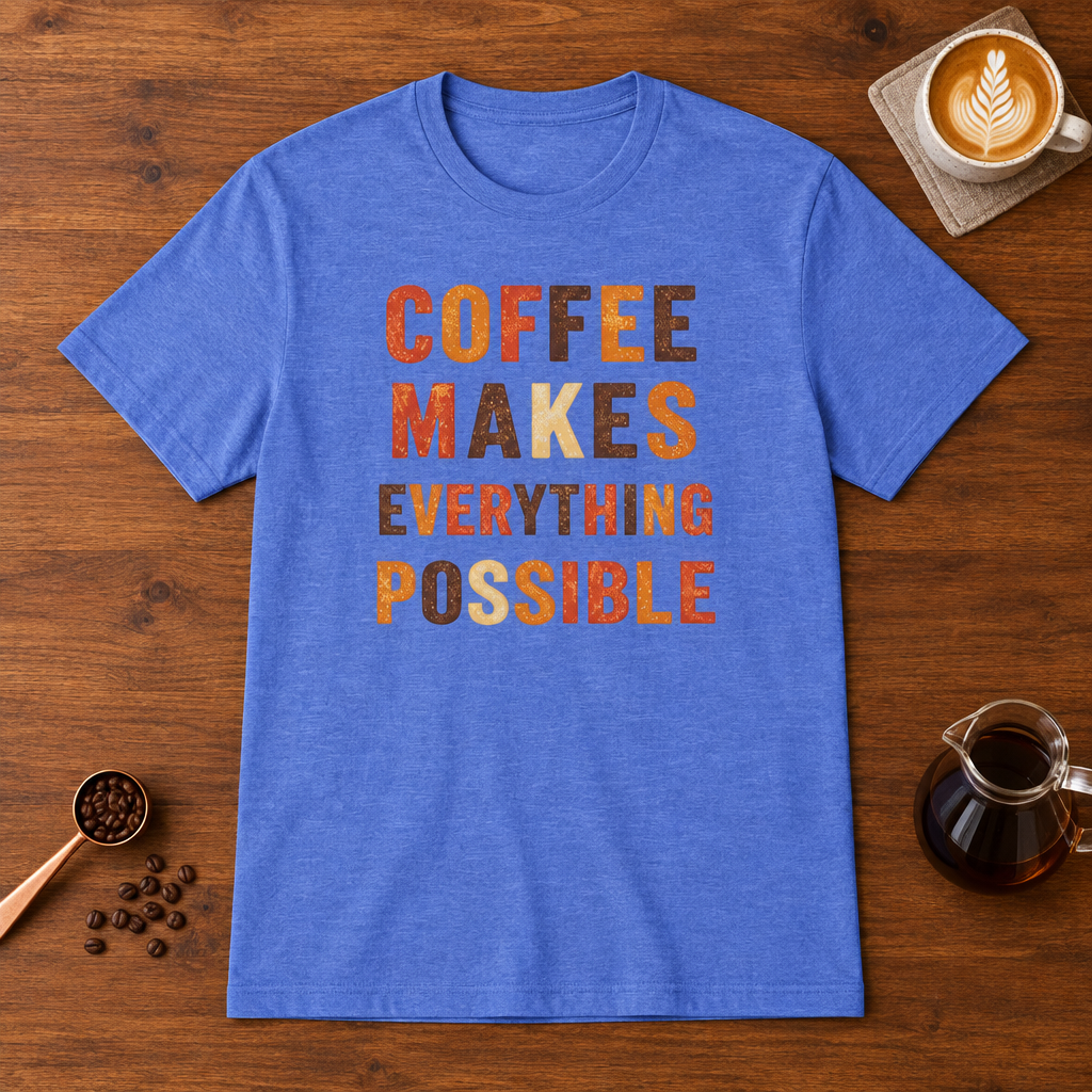 Coffee Makes Everything Possible text print T-Shirt Heather Royal flat lay on walnut coffee bar