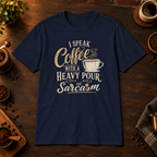 I Speak Coffee T-Shirt in Navy, coffee bar flat lay mockup