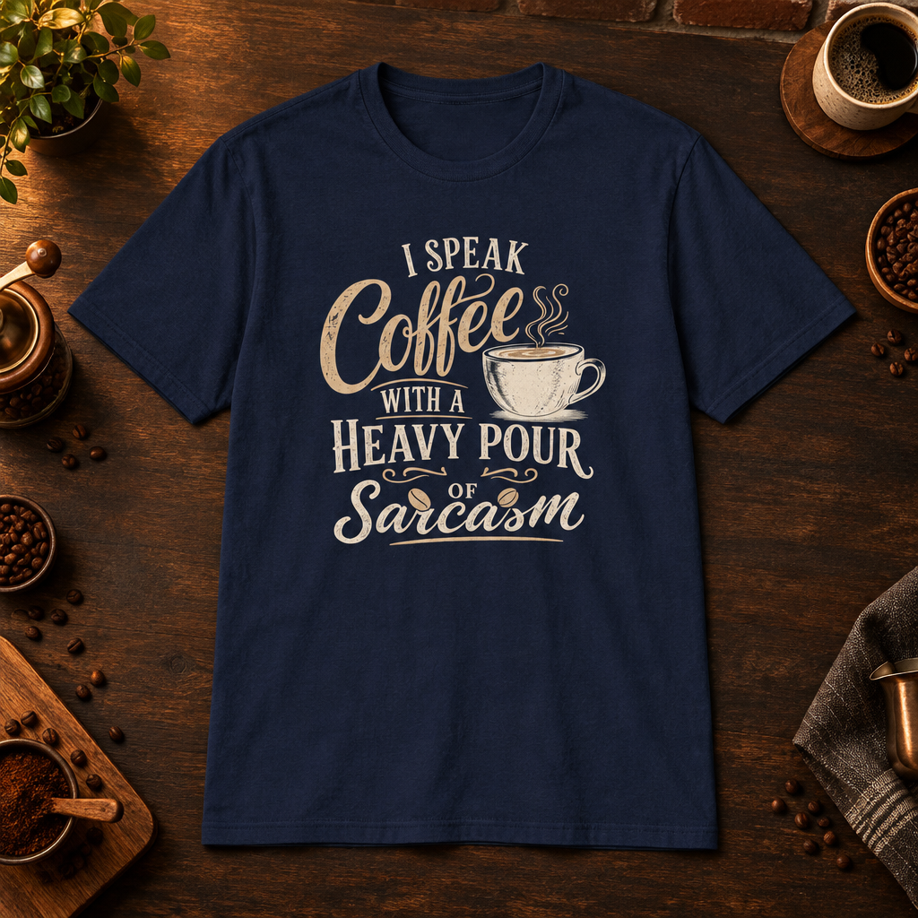 I Speak Coffee T-Shirt in Navy, coffee bar flat lay mockup