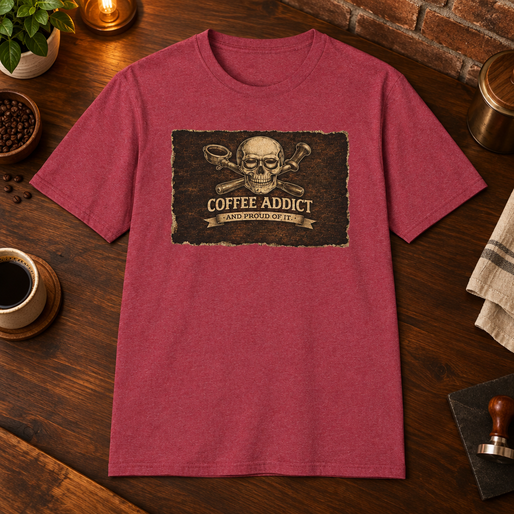 Proud Coffee Addict T-Shirt Heather Cardinal close-fill short-sleeve coffee-bar flat lay