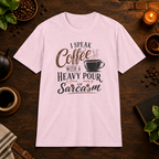 I Speak Coffee T-Shirt in Light Pink, coffee bar flat lay mockup