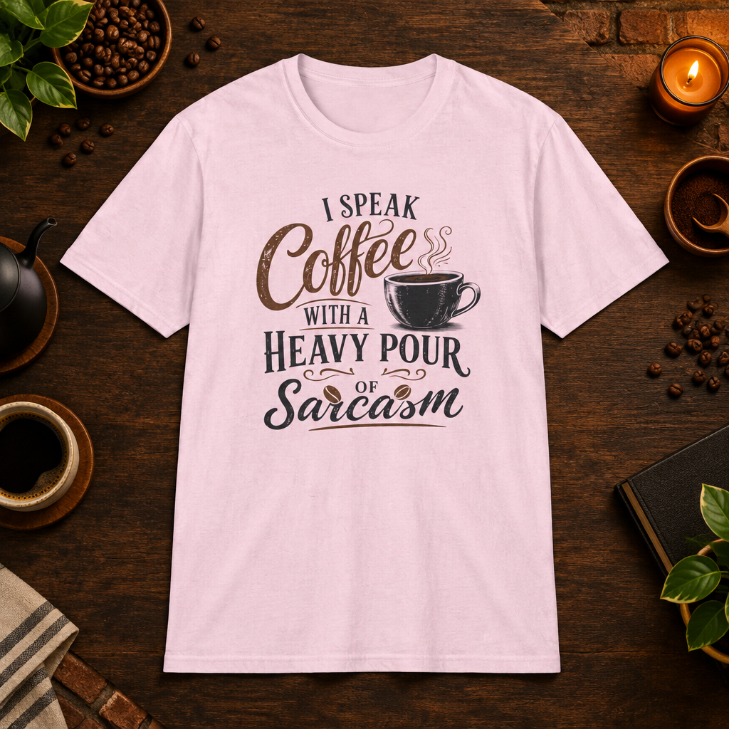 I Speak Coffee T-Shirt in Light Pink, coffee bar flat lay mockup
